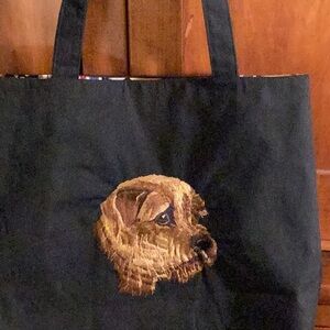 Norfolk Terrier Embroidered Black Tote Bag with interior pocket